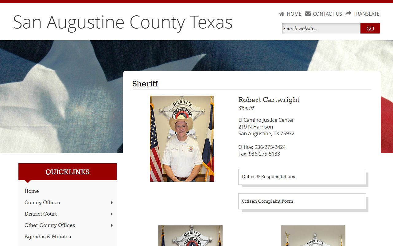San Augustine County jail inmate population sheriff contact page